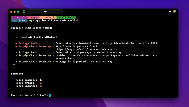 safely install npm packages by auditing them pre-install stage - lirantal/npq