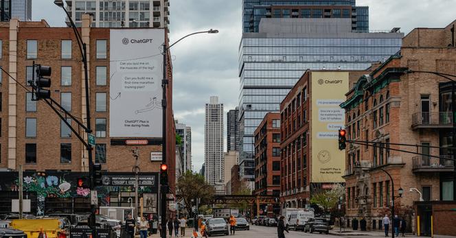 An OpenAI billboard campaign in Chicago advertised ChatGPT to college students during final exam season. 