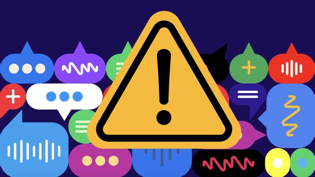 A large yellow warning triangle with an exclamation mark is centered in front of various colored speech bubbles and chat icons on a dark purple background, representing communication or alert themes.