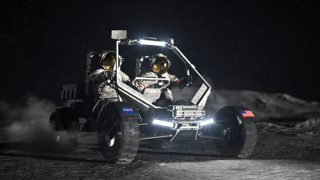 In an artist's concept, two astronauts ride in a lunar terrain vehicle on the surface of the Moon.