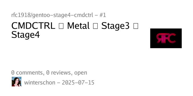 Zusammenfassung eines Issues mit dem Titel „CMDCTRL ➲ Metal ➲ Stage3 ➲ Stage4“ im Repository rfc1918/gentoo-stage4-cmdctrl