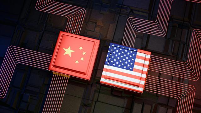 Digitally Generated Image , 3D rendered chips with chinese and USA flags on them