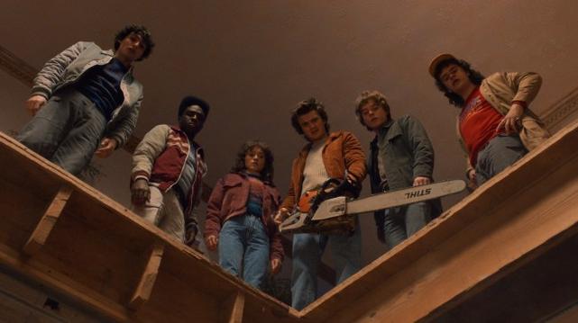 Finn Wolfhard as Mike Wheeler, Caleb McLaughlin as Lucas Sinclair, Natalia Dyer as Nancy Wheeler, Joe Keery as Steve Harrington, Charlie Heaton as Jonathan Byers, and Gaten Matarazzo as Dustin Henderson in 'Stranger Things'