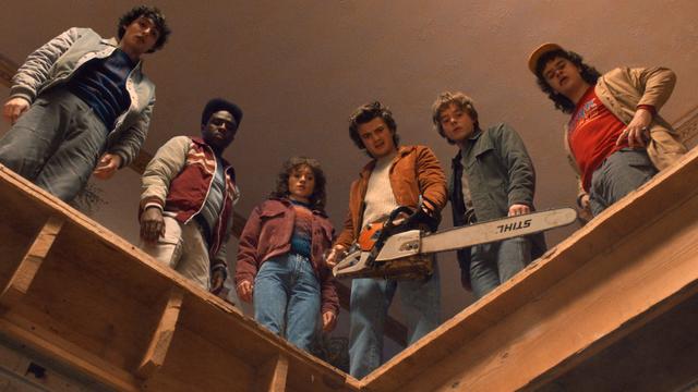 Finn Wolfhard as Mike Wheeler, Caleb McLaughlin as Lucas Sinclair, Natalia Dyer as Nancy Wheeler, Joe Keery as Steve Harrington, Charlie Heaton as Jonathan Byers, and Gaten Matarazzo as Dustin Henderson