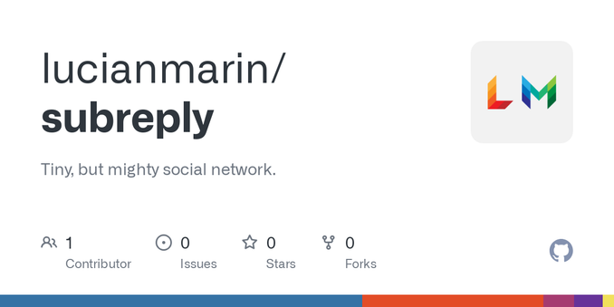 Tiny, but mighty social network. Contribute to lucianmarin/subreply development by creating an account on GitHub.