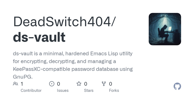 ds-vault is a minimal, hardened Emacs Lisp utility for encrypting, decrypting, and managing a KeePassXC-compatible password database using GnuPG. - DeadSwitch404/ds-vault
