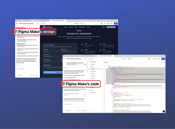 Figma Make generating a healthcare desktop site in dark theme with the design and code output for the given prompt