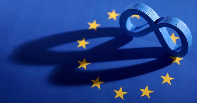 FILE PHOTO: Illustration shows EU flag and Meta logo FILE PHOTO: Illustration shows EU flag and Meta logo