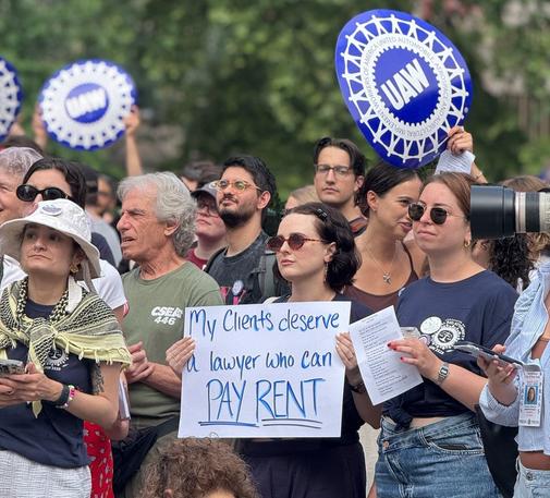 Legal services workers with ALAA-UAW 2325 rally in solidarity with striking members to demand the funding, staffing, and support they need to continue delivering justice for low-income New Yorkers.
