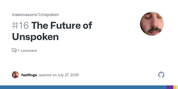 The existing release of unspoken (probably 0.9.10 when you're reading this) has a vast number of serious issues: synthizer bugs, especially the squealing that happens every couple of hours unless y...