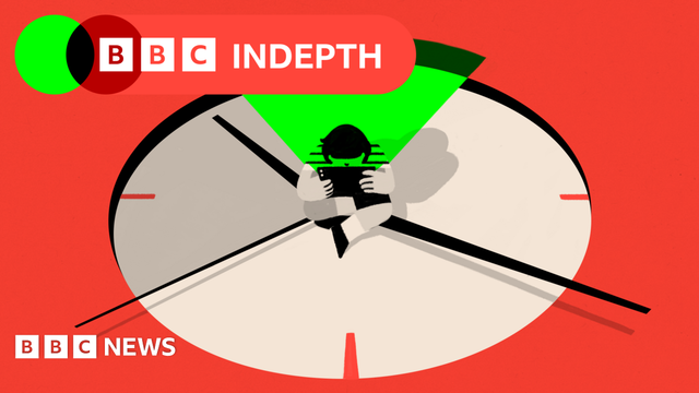 An illustration of a child in a clock, with a tablet held to their face