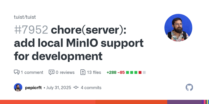 I&#39;m adding support for using a local S3 server in development. That allows:

Working offline
Third-party contributions without them having to bring an S3 config

I initially attempted to solve ...