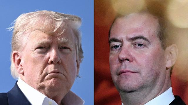 Un montage photo représentant Donald Trump, président des Etats-Unis (à gauche) et Dmitri Medvedev, l'ancien président russe, réalisé le 1er août 2025.