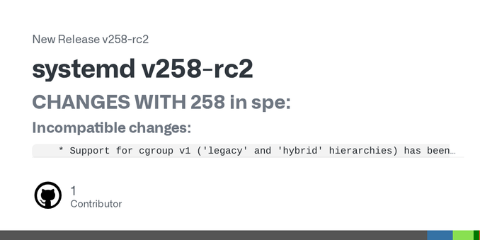 CHANGES WITH 258 in spe:
Incompatible changes:
    * Support for cgroup v1 ('legacy' and 'hybrid' hierarchies) has been
      removed. cgroup v2 ('unified' hierarchy) will always be mounted
      d...