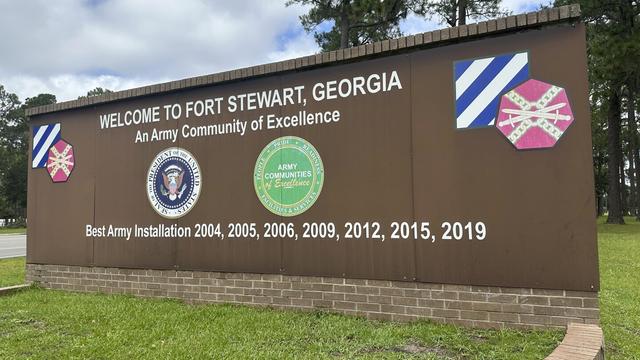A sign outside the main gate of Fort Stewart, Georgia, is shown on Wednesday, Aug. 6, 2025. (AP Photo/Russ Bynum)