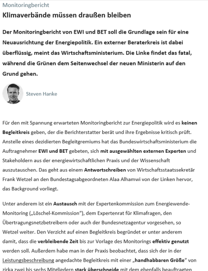 Screenshot von 2 Absätzen des Background Tsp. vom 17.7. Im Bild eine Überschrift mit Unterüberschrift, dann ein Konterfei des Autors Steven Hanke,. Dann 2 Absätze Text.