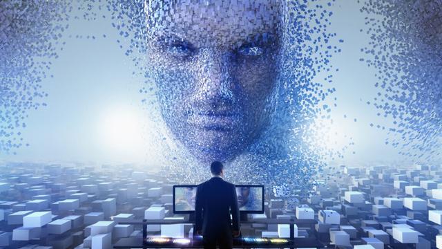 Illustration of a personified AI face in a cloud of squares hovering over a man looking at two computer monitors.