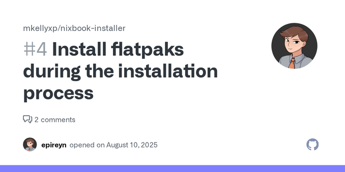 Hi! A method to install flatpaks during the installation process still has to be found. Chrooting into the system from the ISO seems to me like the best approach. However, doing so does not initial...