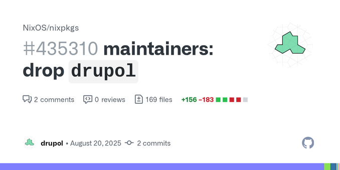 This PR removes me from the packages I have introduced/maintained so far.
This is not an easy decision, but I believe it has become a necessary one. I no longer feel aligned with the core values of...