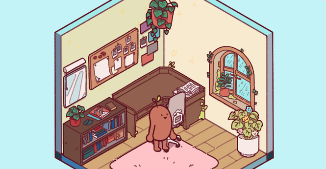 A screenshot of an anthropomorphic bean standing in a colorful home.