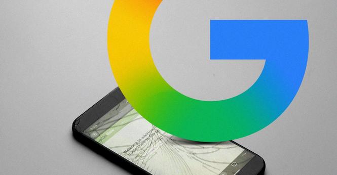 The Google logo smashing a phone displaying a website