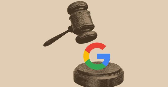 An image of a gavel coming down on a Google logo