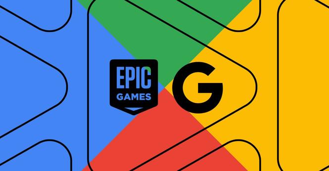 Illustration of the Epic Games logo and Google logo inside of a Google Play logo.
