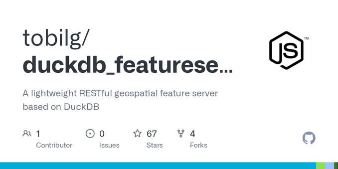 A lightweight RESTful geospatial feature server based on DuckDB - tobilg/duckdb_featureserv A lightweight RESTful geospatial feature server based on DuckDB - tobilg/duckdb_featureserv