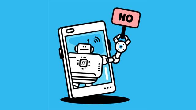 Illustration: An AI chatbot assistant holds a No Sign on a smartphone screen