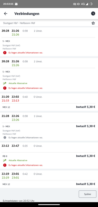 DB Navigator Reiseauskunft Stuttgart - Heilbronn, der Zug 21:08 ab Stuttgart wird nicht angeboten