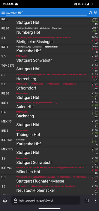 bahn.expert Abfahrtstafel Stuttgart. 21:08 kein Zug nach Würzburg gelistet