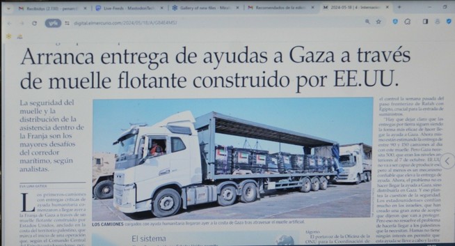 crónica Eva Luna Gática (el Mercurio) Arranca entrega de ayudas a Gaza a través de muelle flotante construido por EE.UU.
imagen de un camión
