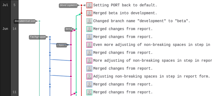 A graph of branches and commits in the Luna LMS repository. The branches development, beta, report, fachgruppe and documentation are displayed. Branch report has been merged in beta, which in turn has been merged in development.