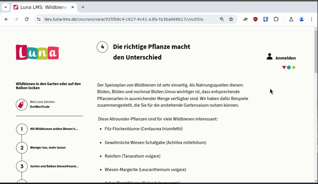 A screen capture of a Luna LMS example course. It showcases how, using sticky scrolling, the course roadmap on the left stays in view when scrolling through a longer page of text within a course.