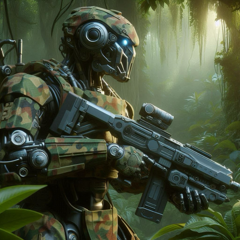 Ein fiktiver Kampfroboter in Flecktarn Uniform mit Gewehr