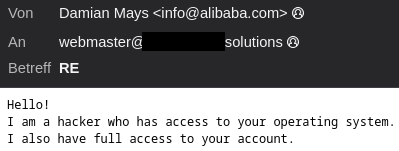 Ausschnitt einer E-Mail angeblich von info@alibaba.com an meine webmaster Adresse.

Beginnt mit dem Text 