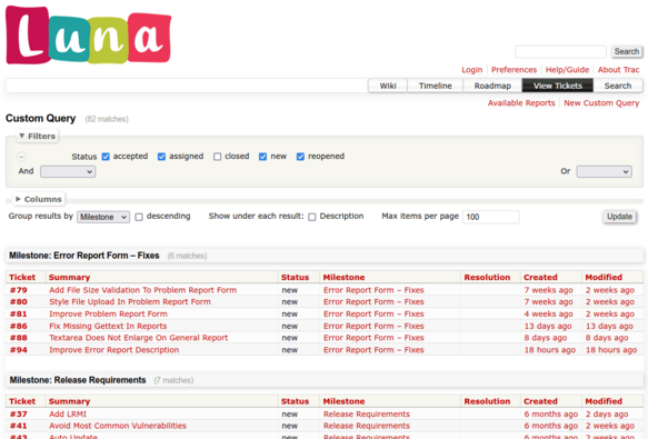 A screenshot of the Trac software, hosting an issue tracker for Luna LMS. A custom query lists various tickets by milestone.