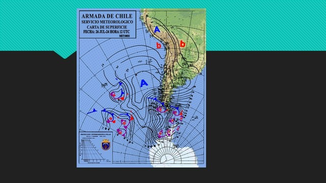 anticiclón del Pacífico Bajas costeras Árica  
Frentes fríos en Patagonia Canales australes  y Malvinas 
Armada de Chile Servicio Meteorológico Carta de superficie 
fecha 26 - Jul - 24 12 U T C
