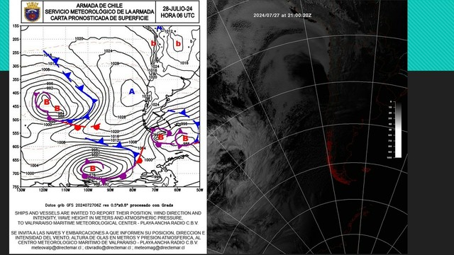 izq 
anticiclón del Pacífico algunos ciclones Estrecho de Magallanes e Islas Malvinas Baja costera en Arica
derecha 
Imagen espectro visible ayer noche 21 00 20Z