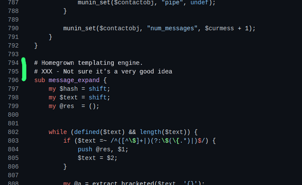 Source code of the Munin monitoring tool, written in Perl. A section is introduced by the comment "Homegrown templating engine. Not sure it's a very good idea"