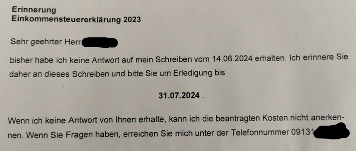 Post vom Finanzamt, dass bisher keine Antwort erhalten wurde und die Kosten bei nicht-Reaktion halt nicht angesetzt werden können