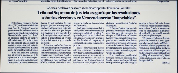 Tribunal supremo de Justicia aseguró que las resoluciones sobre las elecciones en Venezuela serán 