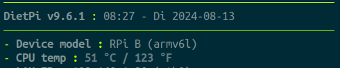 Device model : RPi B (armv6l)
CPU temp : 51 °C / 123 °F : R