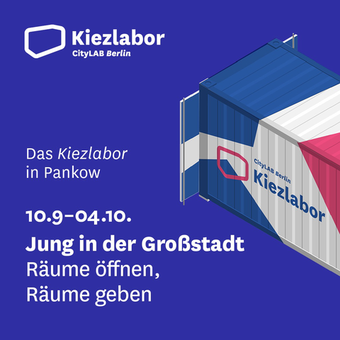 Offener Kiezlabor-Container als Illustration mit Ankündigung für den neuen Standort 