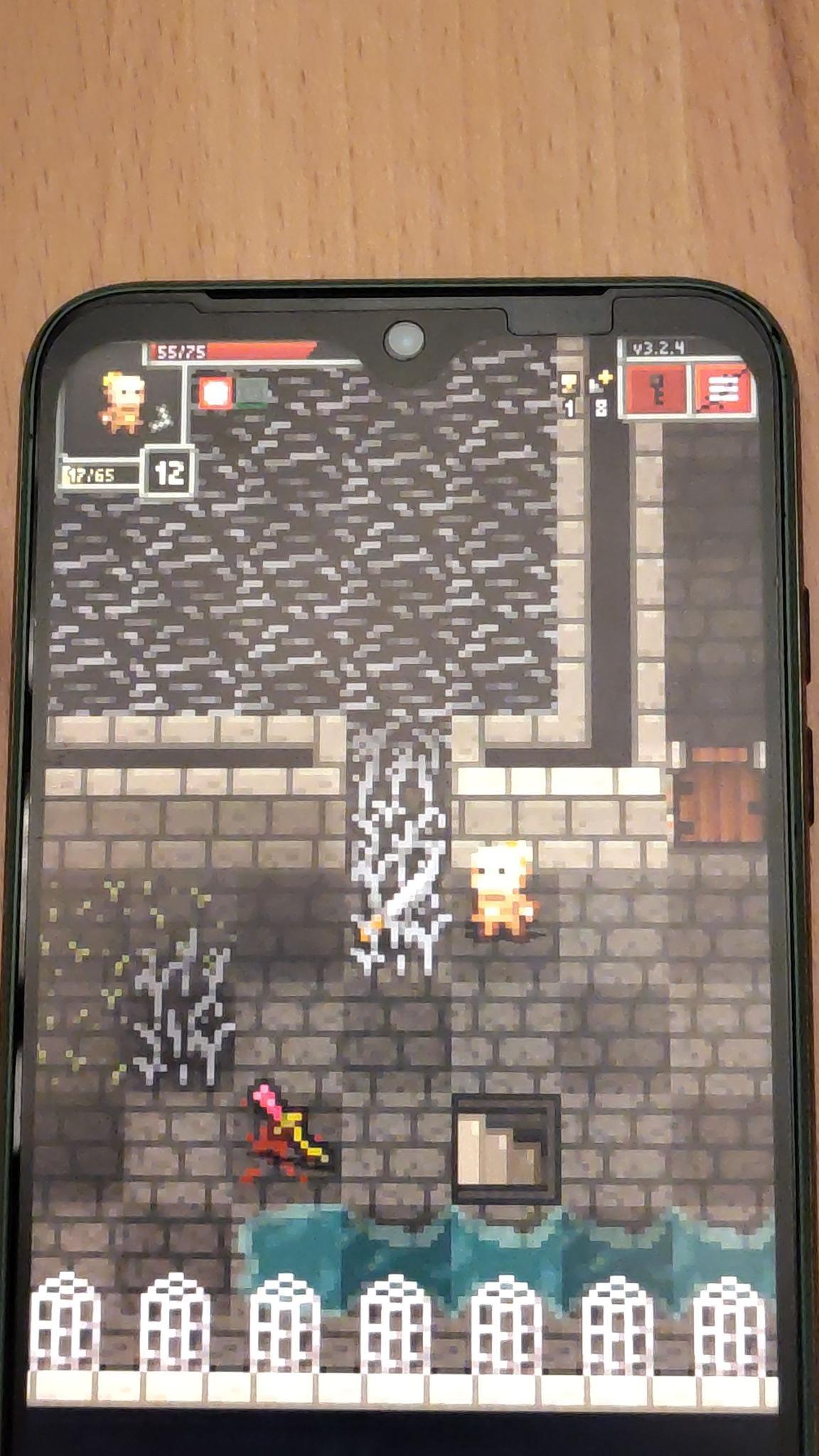 Screenshot of a phone with rounded display edges and a teardrop camera hole on top center. The screen shows a game in fullscreen mode.