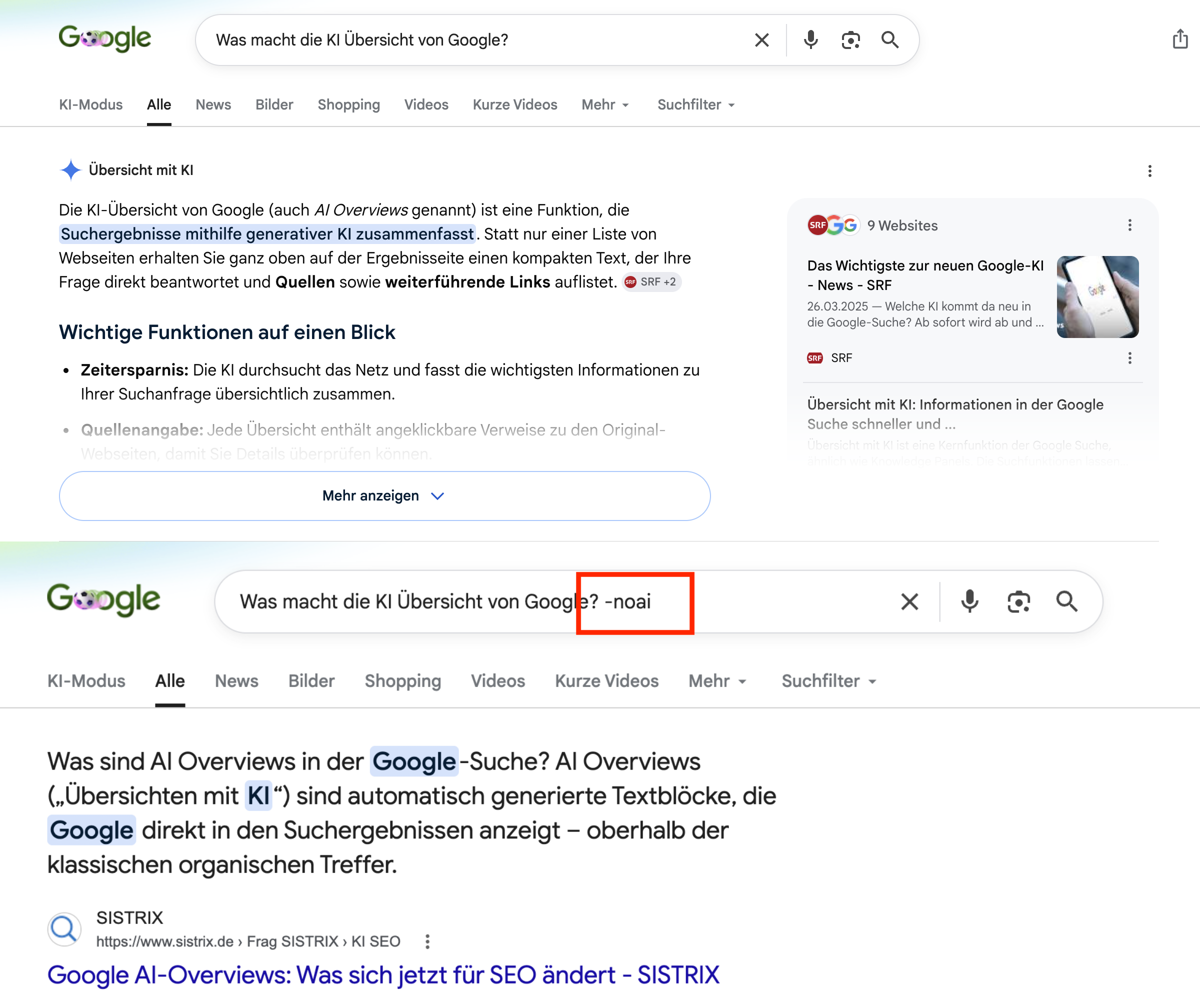 2 Screenshots von Google-Suchergebnis. Einmal mit KI-Übersicht, einmal ohne.